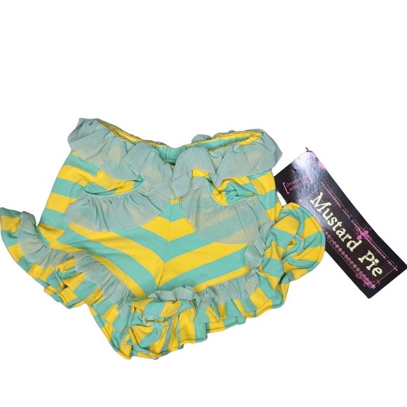 Mustard Pie NWT sprinkle shorts yellow blue stripes with ruffle detail size 6m - Picture 2 of 5
